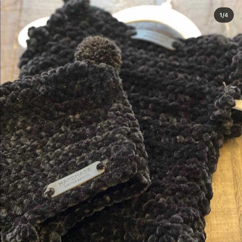 Handmade Black Velour Baby Gown with Pom Pom hat